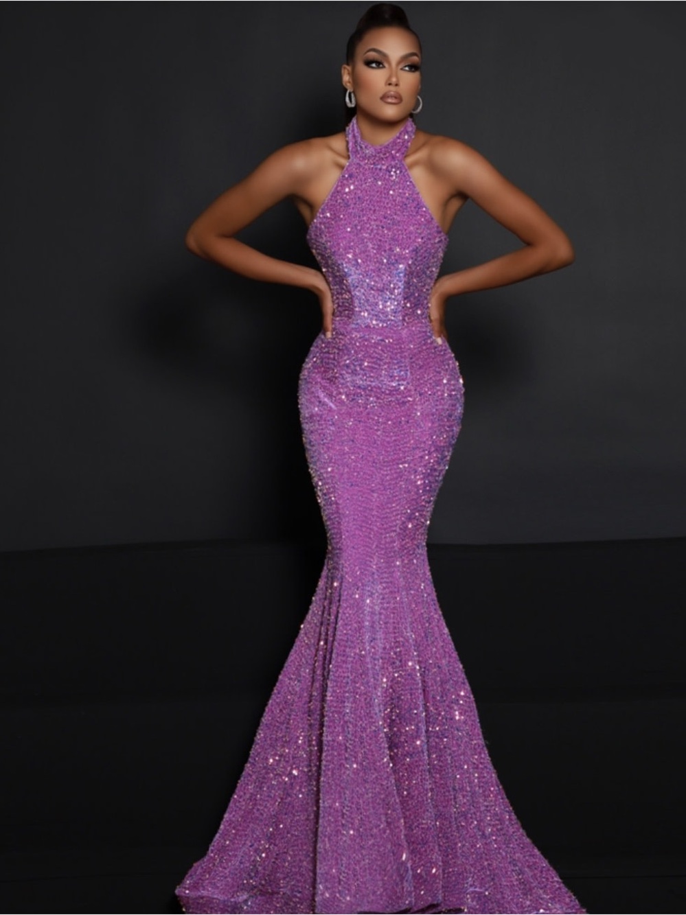 Johnathan Kayne Sparkling Lavender Halter Mermaid Gown
